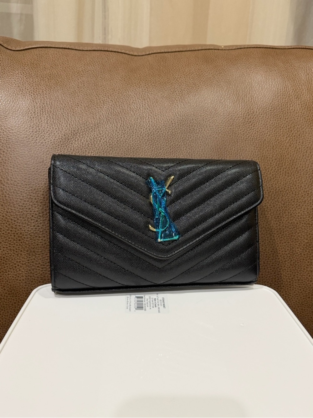 Saint Laurent Black Quilted Leather Envelope Clutch with Blue-Gold Monogram